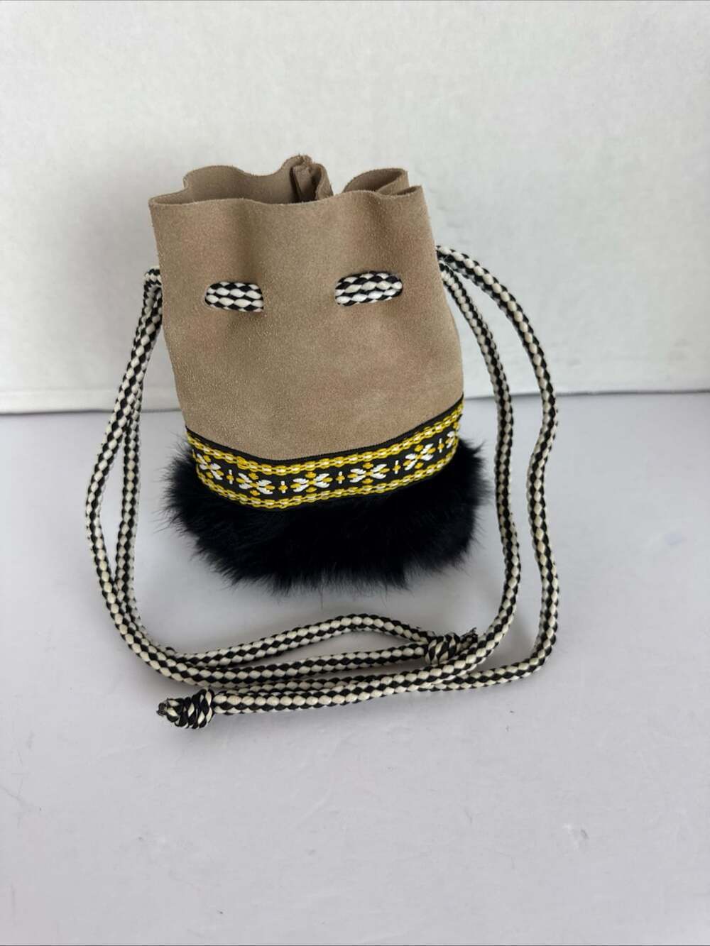 Vintage Suede and Black Fur Drawstring Pouch Handbag with Woven Geometric Strap